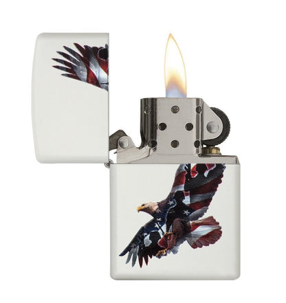 Zippo Eagle Windproof Lighter, Soaring American Flag Soldiers White Matte #29418