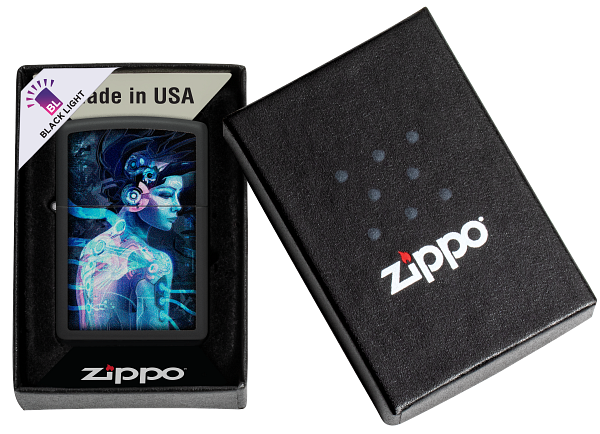 Zippo Cyberpunk Girl Black Light Design, Black Matte Lighter #48517