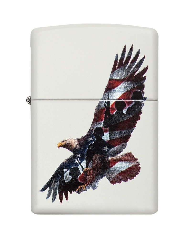 Zippo Eagle Windproof Lighter, Soaring American Flag Soldiers White Matte #29418