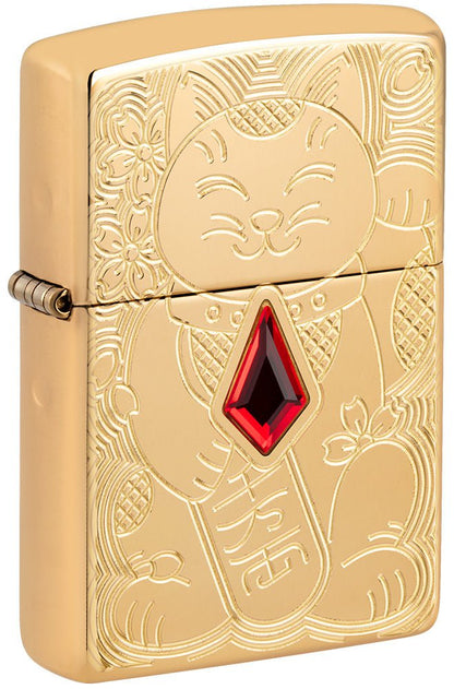 Zippo Lucky Cat, Deep Carve Emblem, High Polish Brass Armor Lighter #49802