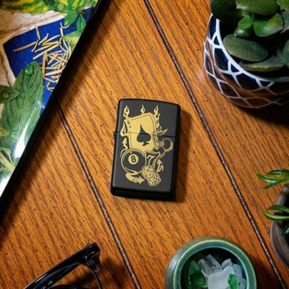 Zippo Gambling Casino Billiards Design, Black Matte Windproof Lighter #49257