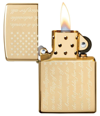 Zippo Pledge of Allegiance USA Design, High Polish Brass Lighter #49585