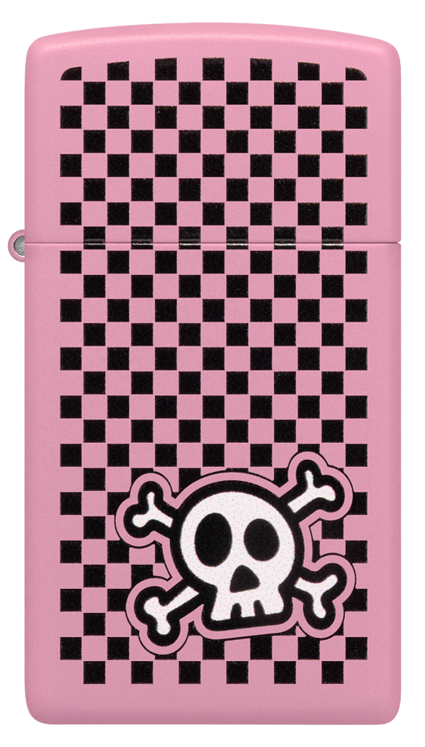 Zippo Slim Cute Emo Skull Checkered Design, Pink Matte Lighter #48680