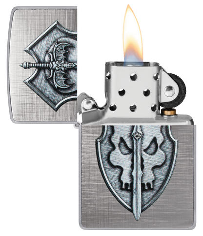 Zippo Medieval Sword and Shield Skull, Linen Weave Finish Lighter #48372