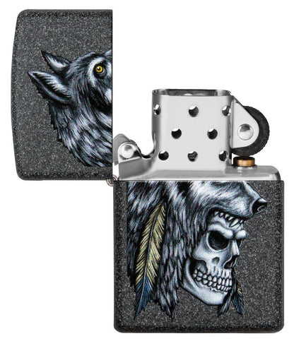 Zippo Wolf Skull Feather, Native American, Iron Stone Finish Lighter #29863