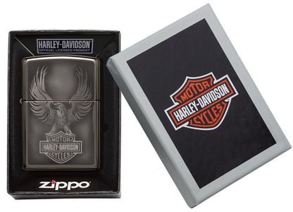 Zippo Harley Davidson Eagle On Logo, Black Ice Finish, Genuine Lighter #49044