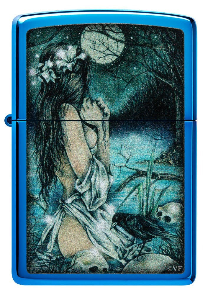 Zippo Victoria Frances Moonlight Girl Skull, High Polish Blue Windproof Lighter #49764