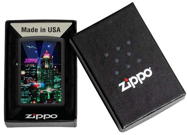 Zippo Cyberpunk City at Night Color Image Design, Black Matte Lighter #48506