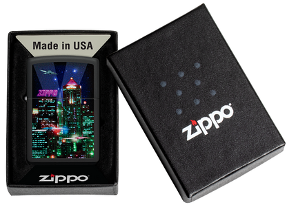 Zippo Cyberpunk City at Night Color Image Design, Black Matte Lighter #48506