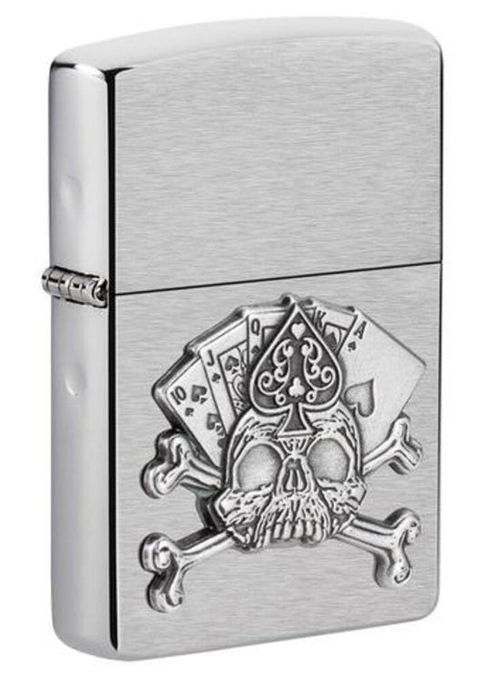 Zippo Card Skull Casino Gambling 3D Emblem, Brushed Chrome Finish Lighter #49293