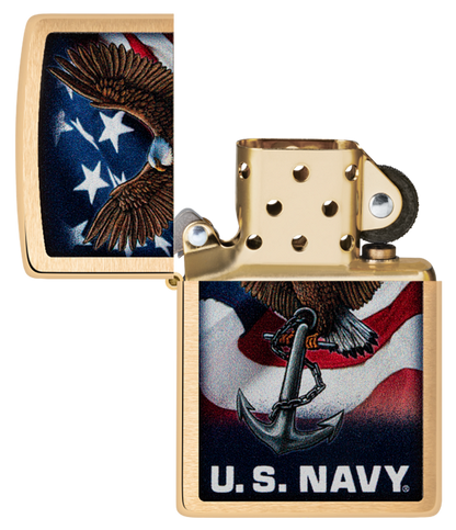 Zippo USA Navy Eagle and Flag Design, Brushed Brass Lighter #48549