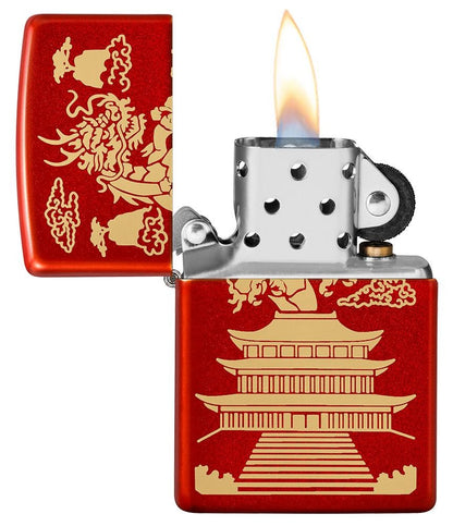 Zippo Japanese Dragon House Laser Engraved, Metallic Red Windproof Lighter #49517