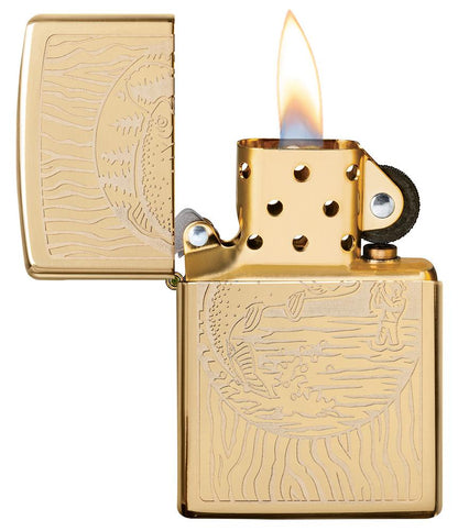 Zippo Fisherman Design, High Polish Brass Finish Lighter #49610