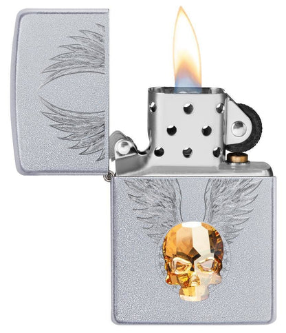 Zippo Gold Skull 3-D Crystal Emblem, Satin Chrome Finish, Genuine Lighter #49034