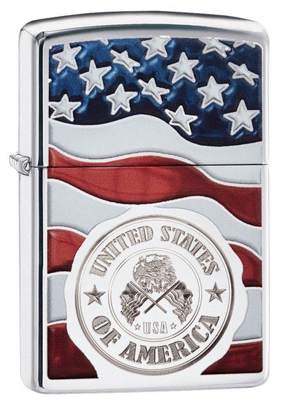 Zippo American Stamp on Flag Lighter, High Polish Chrome #29395