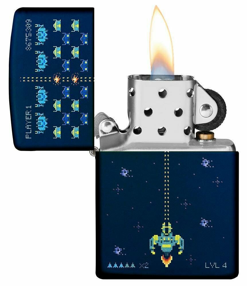 Zippo Space Invaders Pixel Retro Game, Navy Blue Matte Windproof Lighter #49114