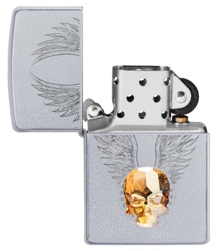 Zippo Gold Skull 3-D Crystal Emblem, Satin Chrome Finish, Genuine Lighter #49034