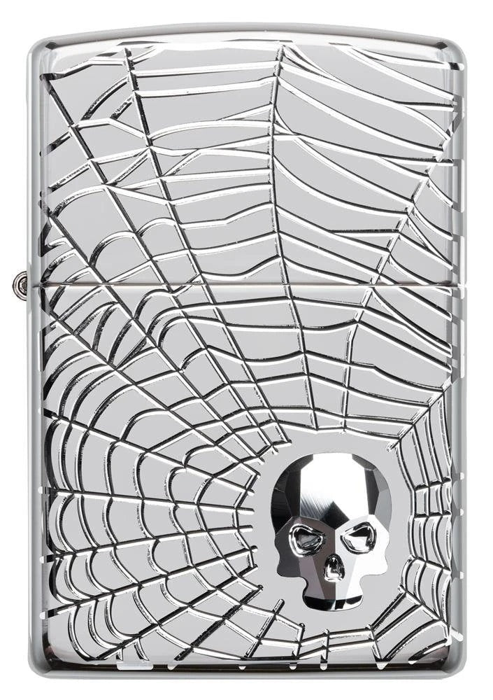 Zippo Spider Web Swarovski Crystal Skull, High Polish Chrome Lighter #29931