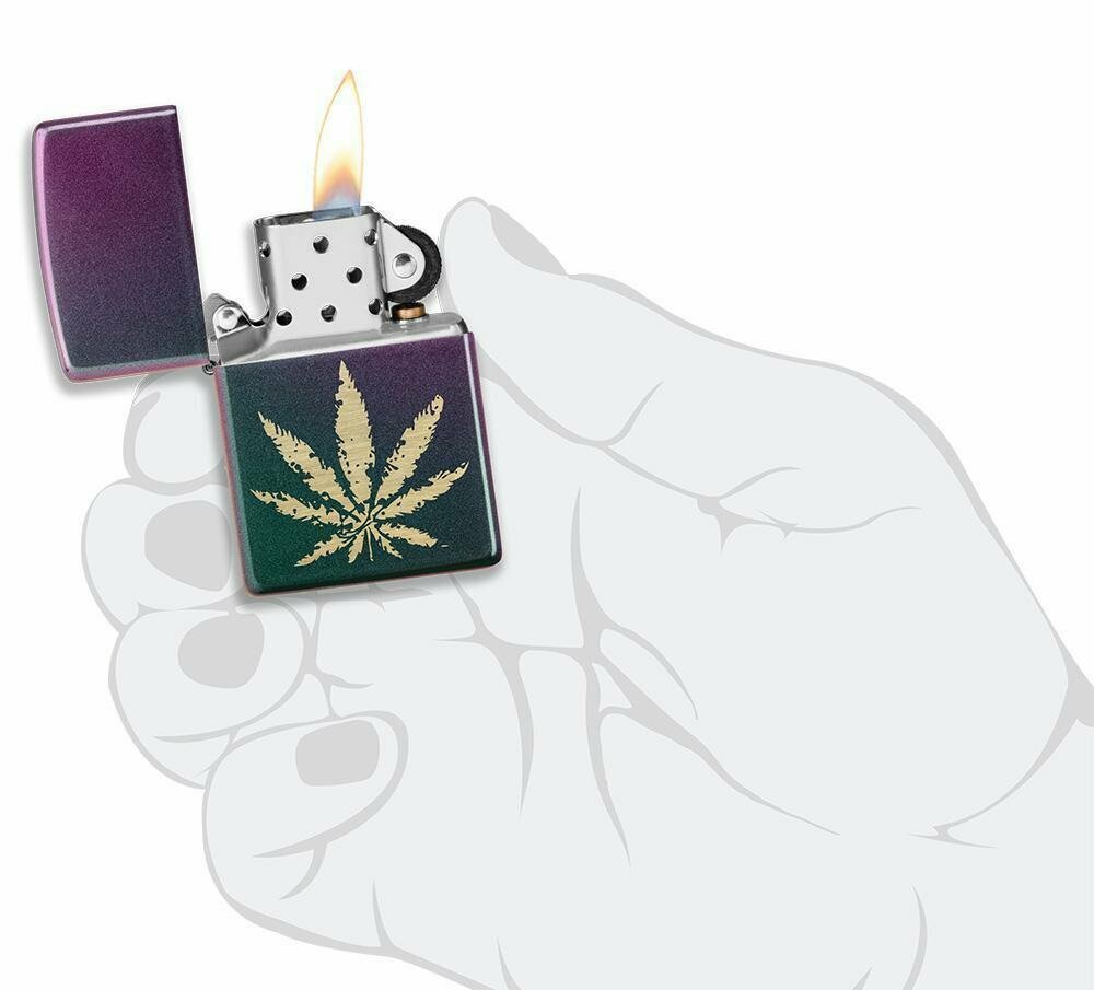 Zippo Brass Marijuana Leaf on Iridescent Violet Satin, Pocket Lighter #49185