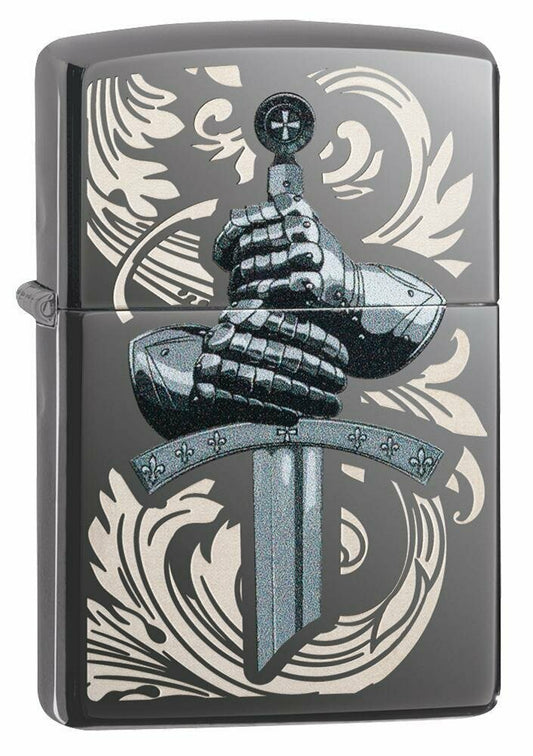 Zippo Medieval Knights Glove and Sword, Black Ice Finish Pocket Lighter #49127