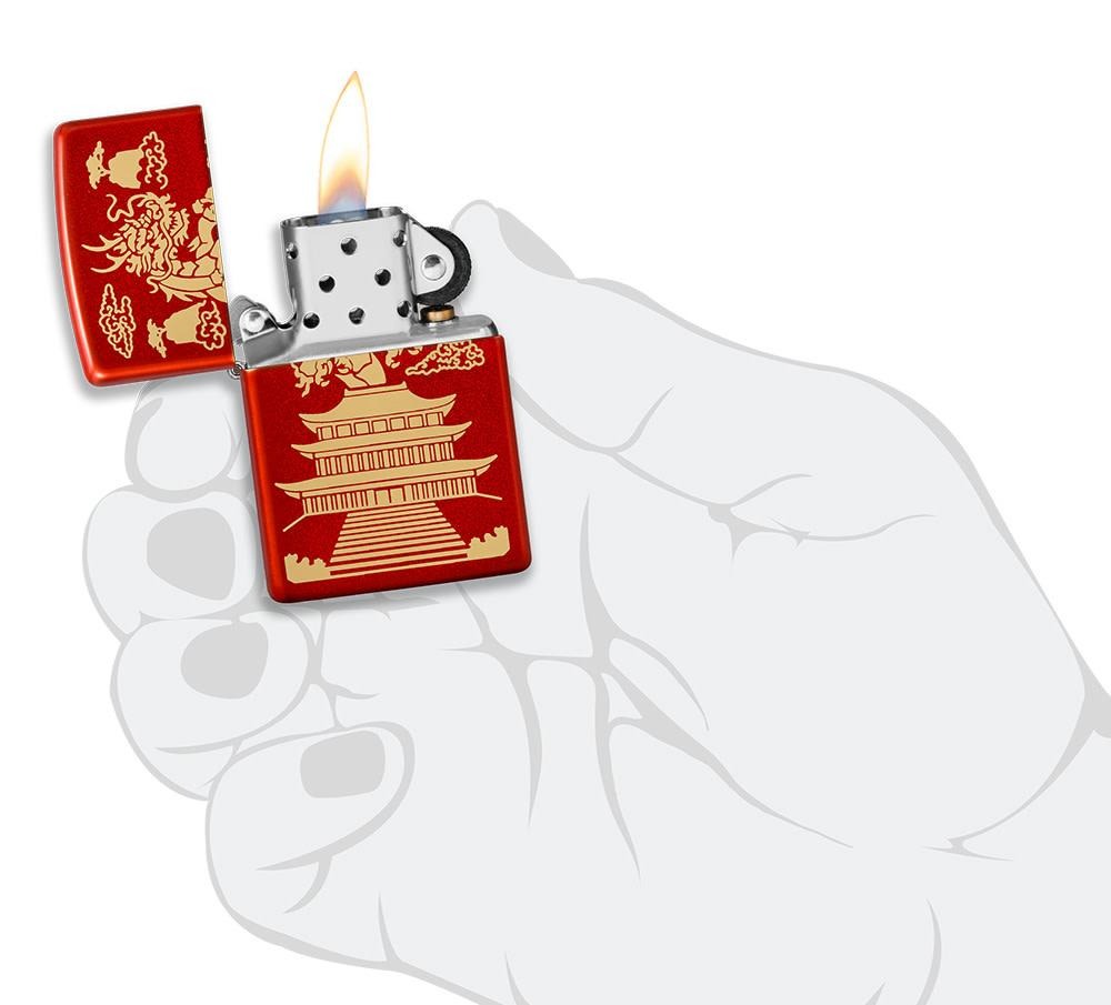 Zippo Japanese Dragon House Laser Engraved, Metallic Red Windproof Lighter #49517