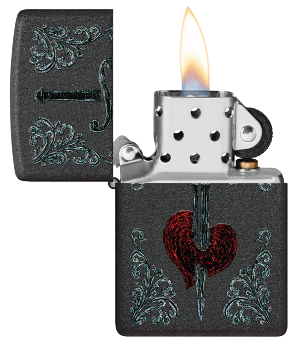 Zippo Heart and Dagger Design, Black Crackle Finish Lighter #48617