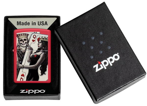 Zippo King and Queen Playing Cards, Red Matte Lighter #48624