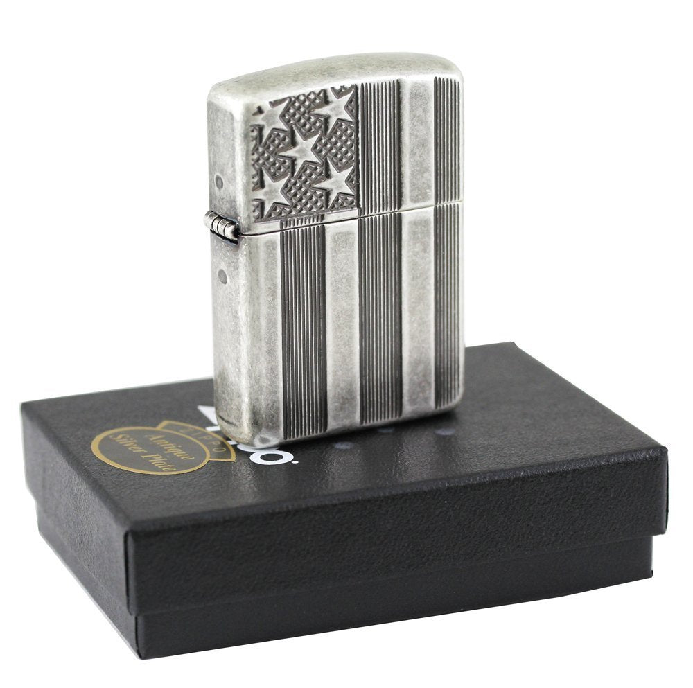 Zippo Armor US Flag Lighter, Antique Silver Plate #28974