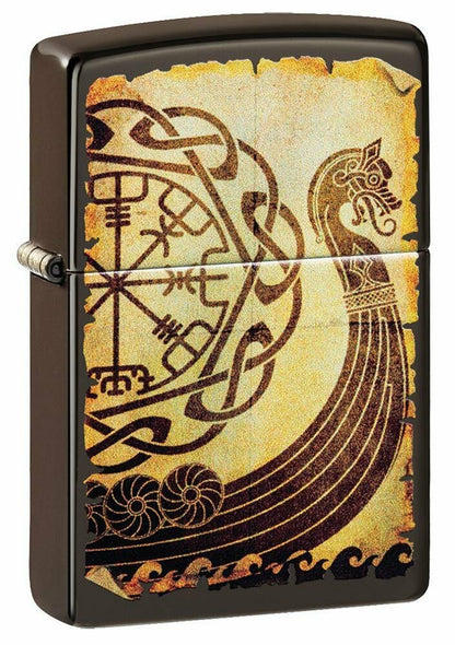 Zippo Viking Warship Design, Brown Genuine Windproof Pocket Lighter, USA #49182