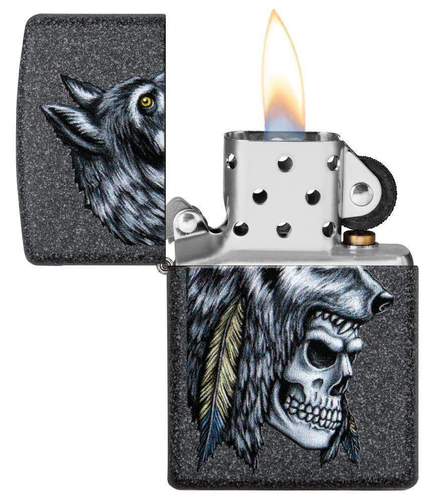 Zippo Wolf Skull Feather, Native American, Iron Stone Finish Lighter #29863