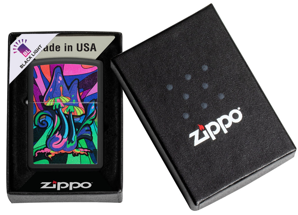 Zippo Black Light Mushroom Design, Black Matte Lighter #48386