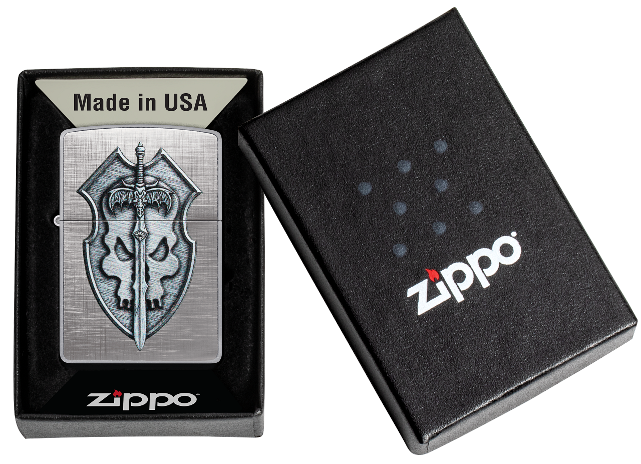 Zippo Medieval Sword and Shield Skull, Linen Weave Finish Lighter #48372