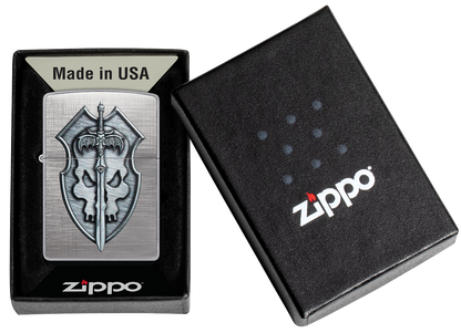 Zippo Medieval Sword and Shield Skull, Linen Weave Finish Lighter #48372