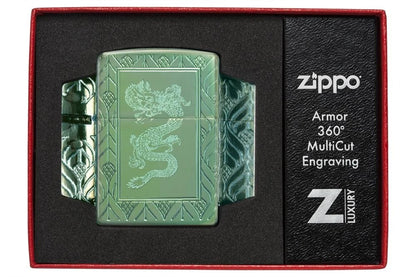 Zippo High Polish Green Elegant Dragon, Deep Carve Armor Lighter #49054