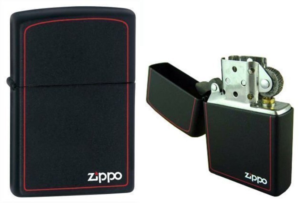 Zippo Red Border with Logo, Black Matte Finish, Genuine Windproof Lighter #218ZB