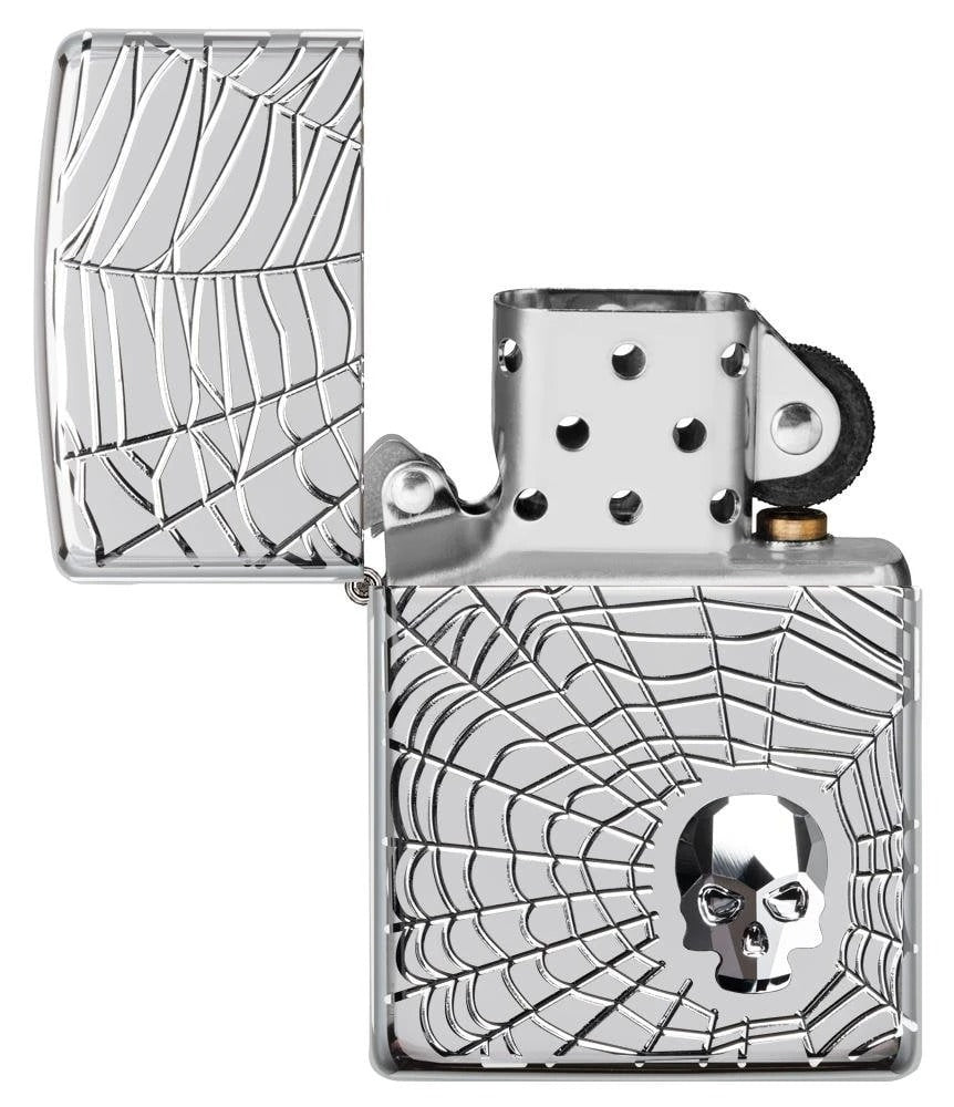 Zippo Spider Web Swarovski Crystal Skull, High Polish Chrome Lighter #29931