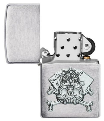 Zippo Card Skull Casino Gambling 3D Emblem, Brushed Chrome Finish Lighter #49293