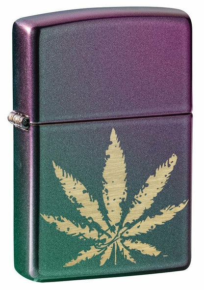 Zippo Brass Marijuana Leaf on Iridescent Violet Satin, Pocket Lighter #49185