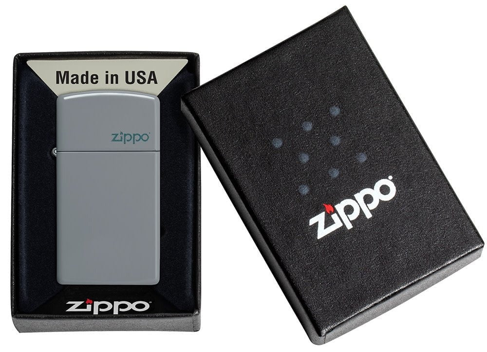 Zippo Slim Flat Grey Finish Base Model with Logo Windproof Lighter #49527ZL