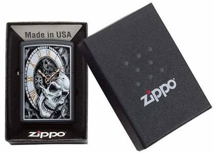 Zippo Skull Clock, Black Matte Finish, Genuine Windproof Lighter #29854