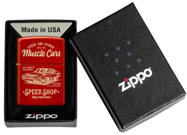 Zippo Retro Muscle Cars Metallic Red Laser Engrave Lighter #48523