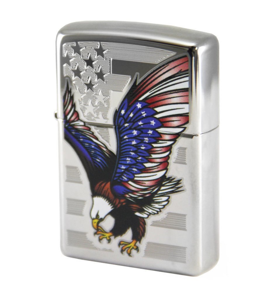 Zippo American Flag Eagle, High Polish Chrome, USA Genuine Lighter #28449