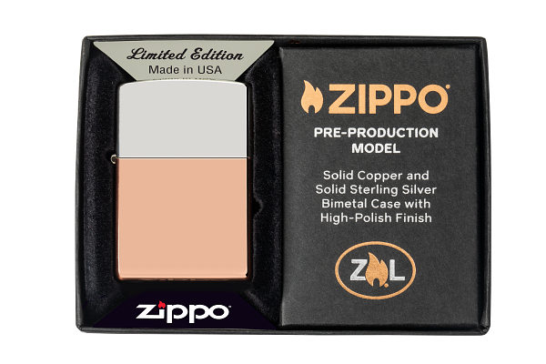 Zippo Bimetal Case, Solid Copper and Sterling Silver Lid Lighter #48694