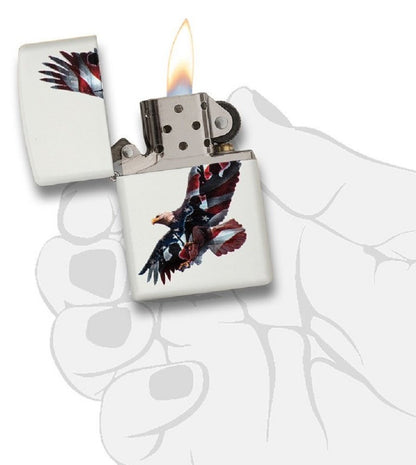 Zippo Eagle Windproof Lighter, Soaring American Flag Soldiers White Matte #29418