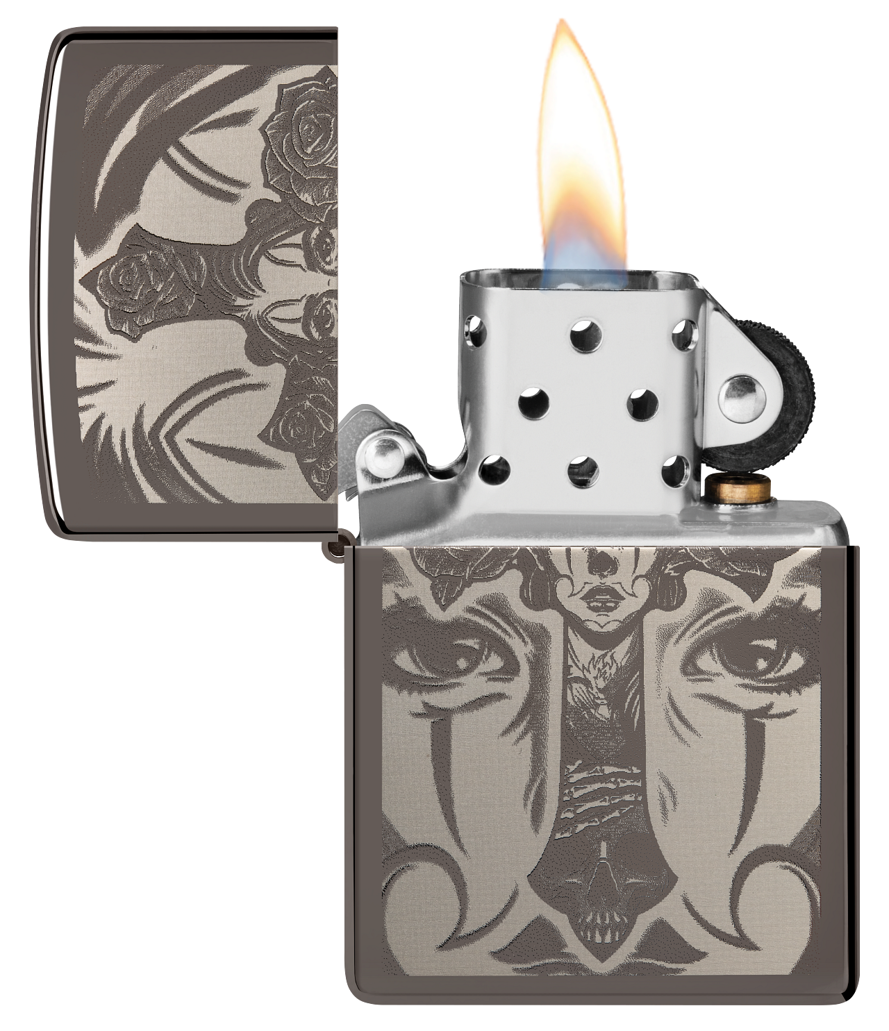 Zippo Spiritual Cross Girl Tattoo, Black Ice Lighter #48411