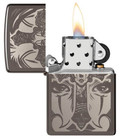 Zippo Spiritual Cross Girl Tattoo, Black Ice Lighter #48411