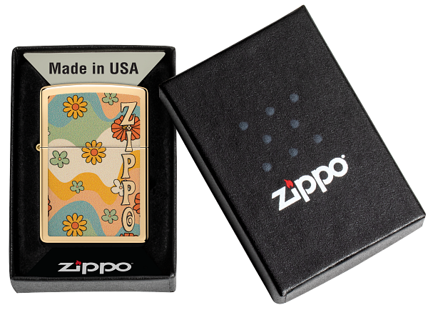 Zippo Retro Flower Power Design, High Polish Brass Lighter #48503