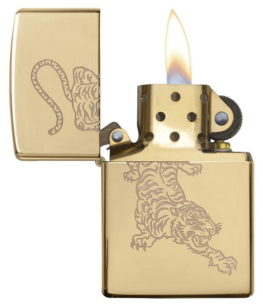 Zippo Tiger Design, Engraved High Polish Brass Genuine Windproof Lighter #29884