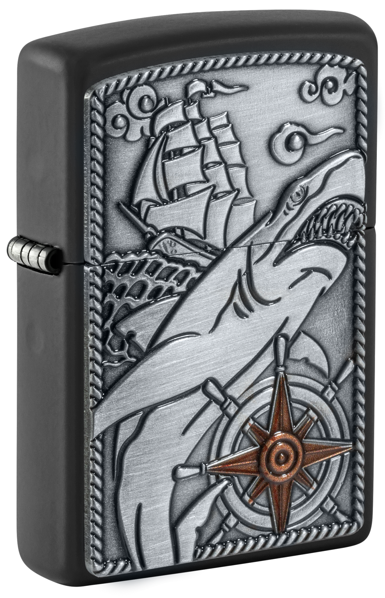 Zippo Nautical Shark Emblem Attached, Black Matte Lighter #48120