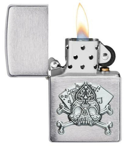 Zippo Card Skull Casino Gambling 3D Emblem, Brushed Chrome Finish Lighter #49293